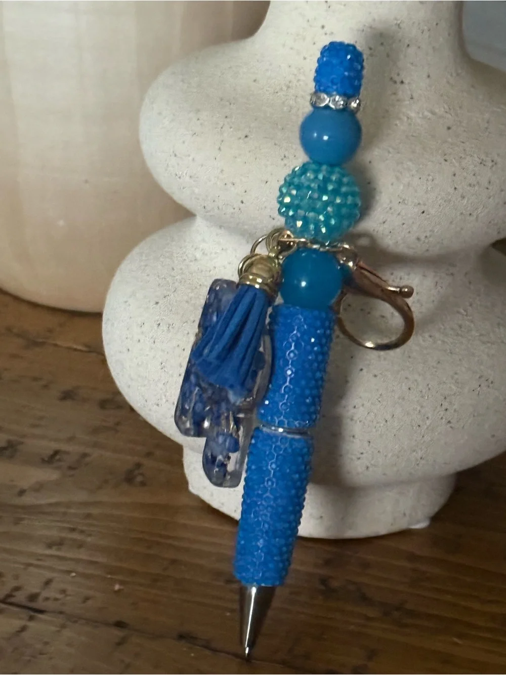 Blue Beaded Pen Key & Card Charm with Tassel